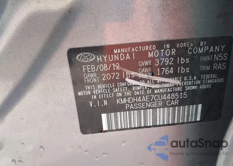 2012 Hyundai Elantra Gls (Ulsan Plant) z USA, uszkodzony, nr VIN KMHDH4AE7CU448515
